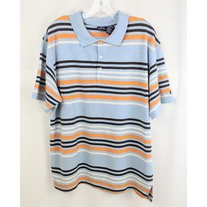 Vtg 1990s Bugle Boy Mens Blue Orange Brown White Striped Polo Henley Shirt Large